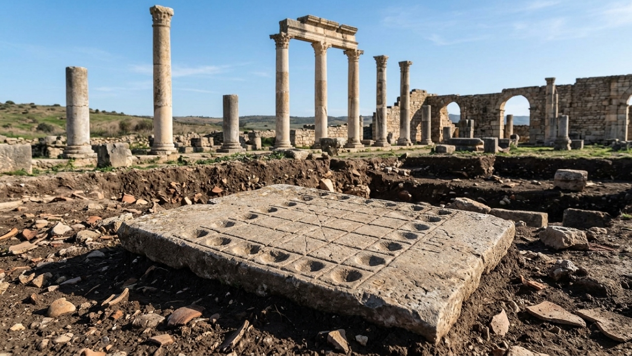 Tabuleiro de jogo esculpido em pedra é descoberto nas ruínas de Volubilis, no Marrocos