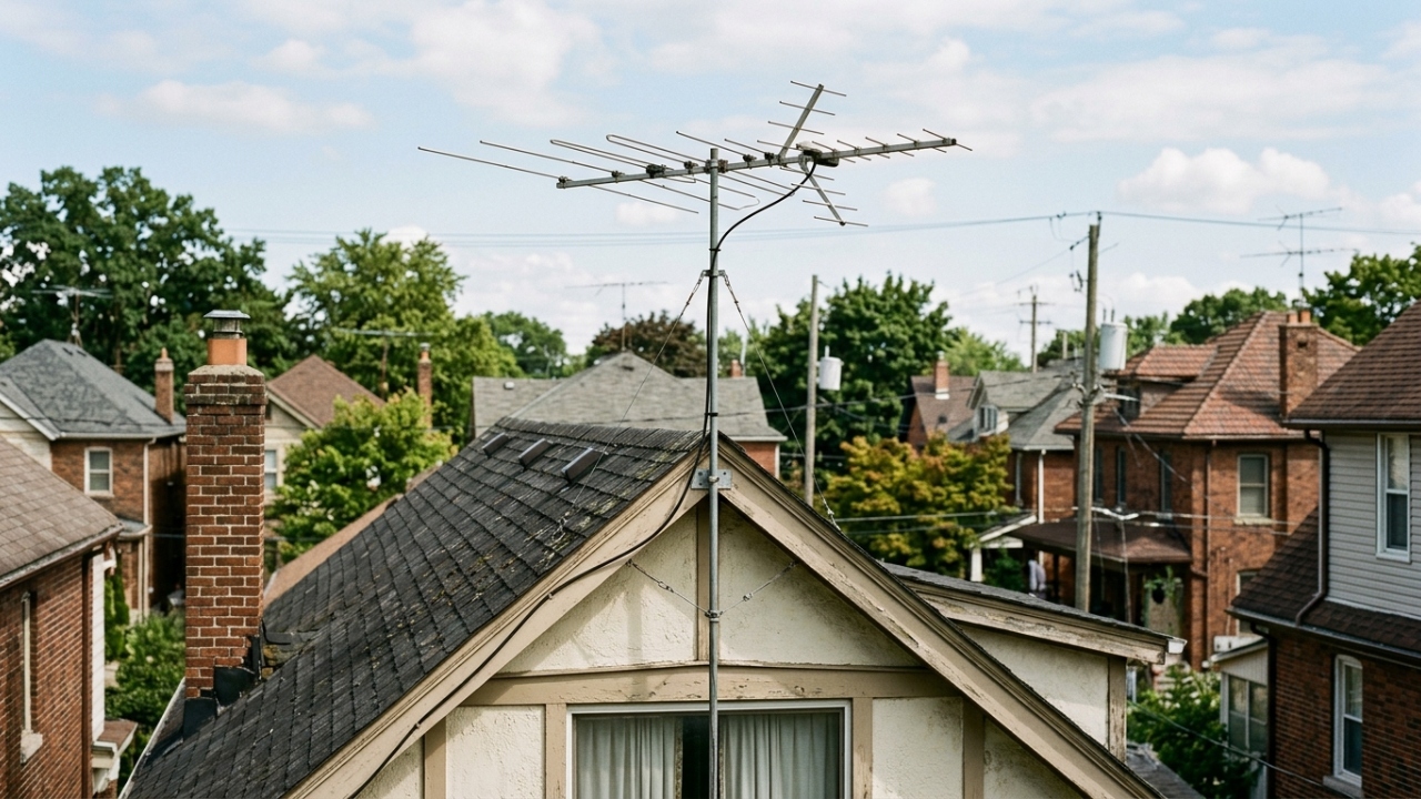 Antena de TV no telhado lembra uma época em que assistir televisão dependia de paciência e ajuste