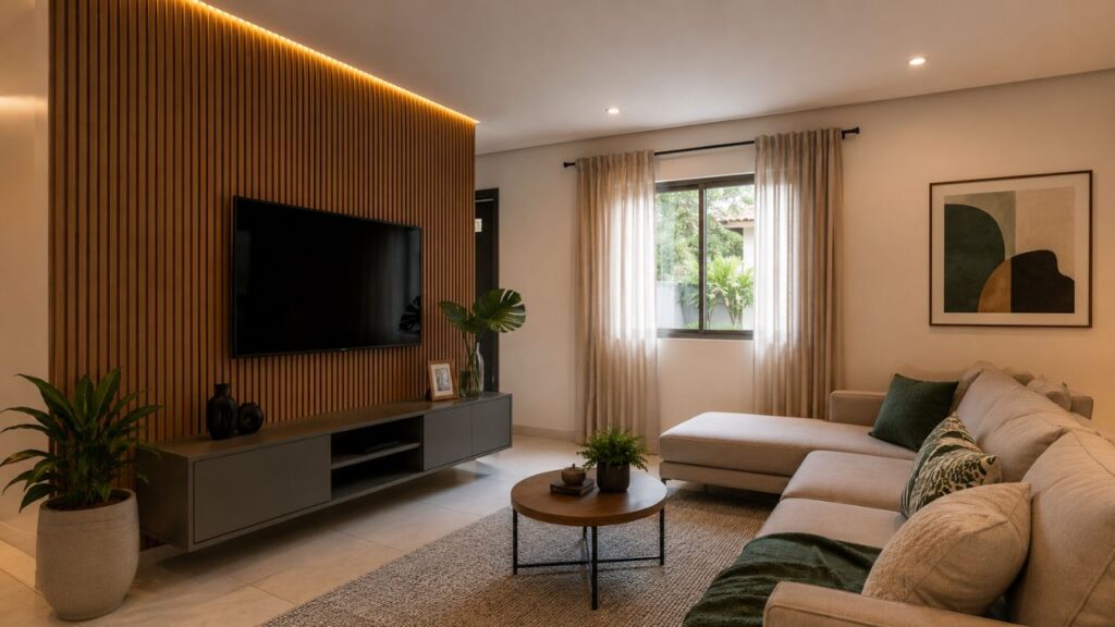 Decoração barata com parede ripada transforma o ambiente sem exigir reforma grande demais em casa