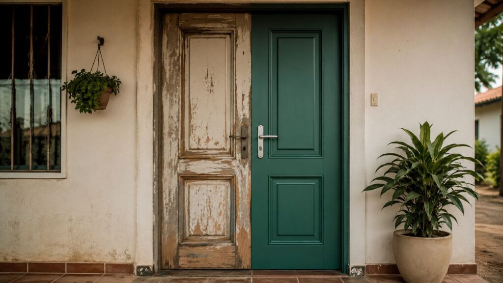 Porta velha pode parecer nova com lixamento, tinta esmalte e detalhes bem escolhidos hoje