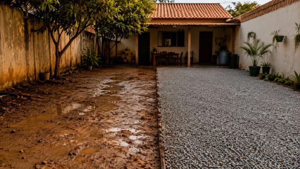 Piso de brita é solução econômica para renovar quintais com lama, poeira e pouca drenagem externa