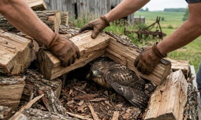 Movimento em pilha de lenha leva à descoberta de um pássaro enorme precisando de ajuda