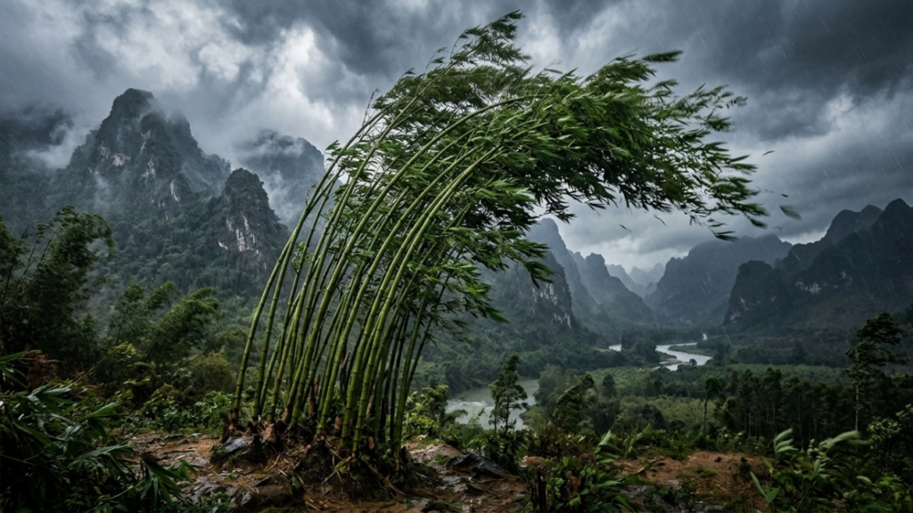Provérbio vietnamita: "O vento sopra forte, mas não arranca o bambu que se curva" sobre a flexibilidade como resiliência.