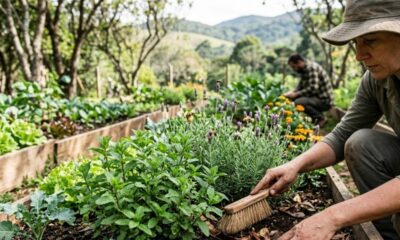 Mulher com chapéu varre canteiro de horta orgânica com hortelã e lavanda.
