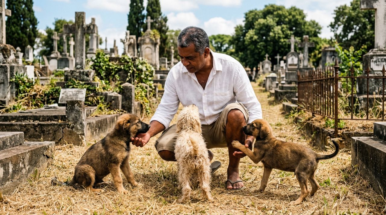 Filhotes abandonados cercam visitante em cemitério em busca de ajuda