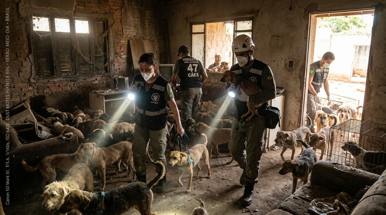 Equipes de resgate usam lanternas e resgatam 47 cães de casa abandonada