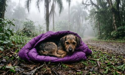 Cachorro abandonado é encontrado enrolado em parque usando suéter roxo