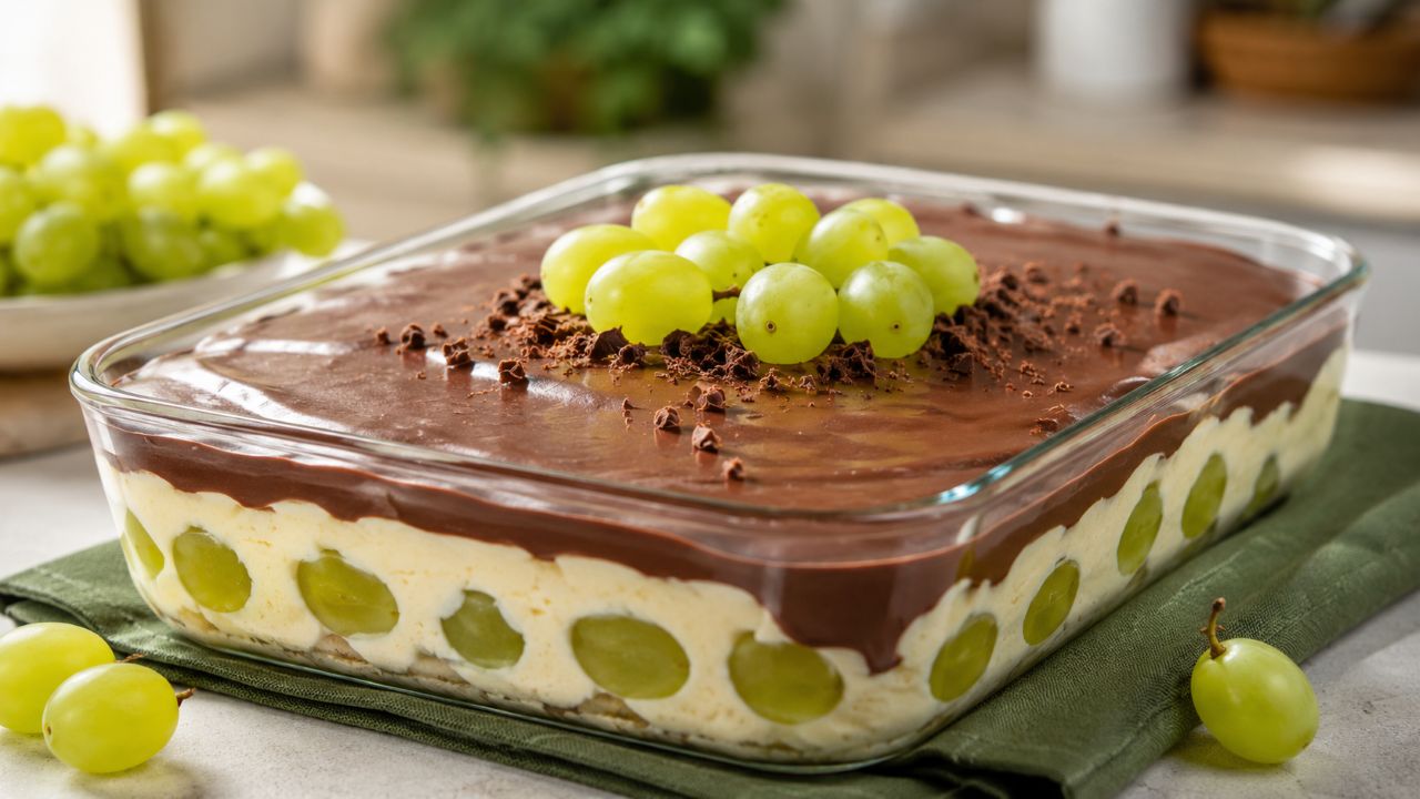 Sobremesa de uvas combina creme aveludado, fruta fresca e cobertura de chocolate