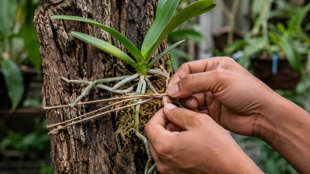A fixação correta no tronco ajuda a orquídea a criar raízes novas e se prender naturalmente ao suporte