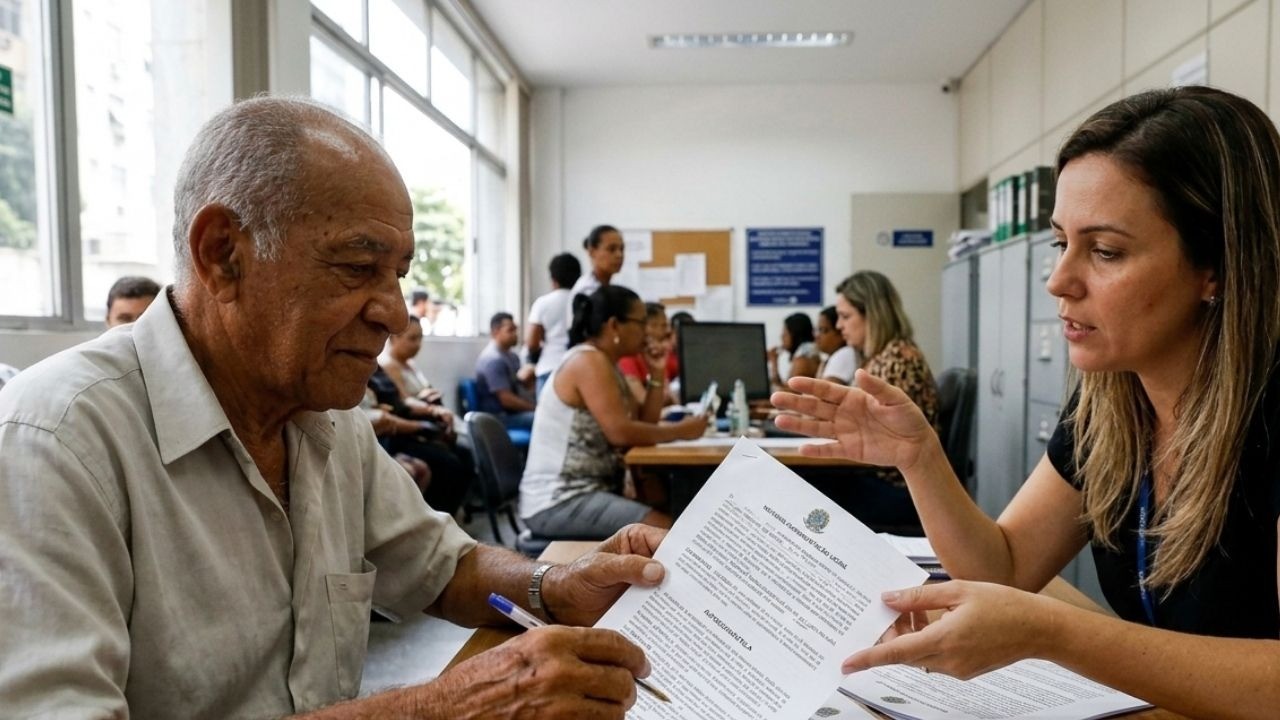 Homem idoso e mulher em mesa de cartório examinando documentos com uma caneta.