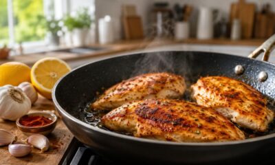 Frigideira quente, filés uniformes e fogo controlado ajudam a manter o frango dourado e suculento
