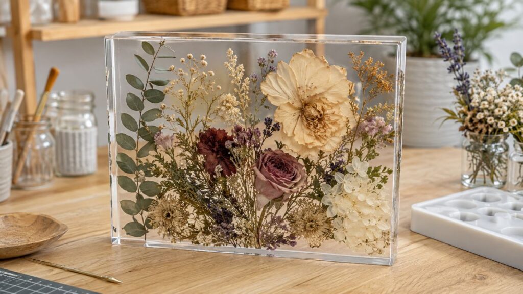 Flores secas eternizadas em resina estão entre os trabalhos mais procurados por quem busca presentes emocionais e exclusivos