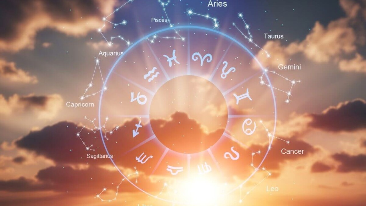 Roda do zodíaco com símbolos astrológicos e constelações em um céu nublado de pôr do sol.