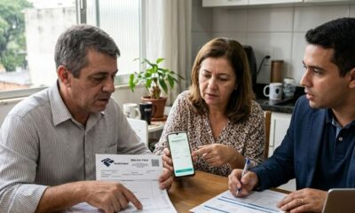 Homem, mulher e jovem analisam documentos da Receita Federal e smartphone sobre uma mesa.