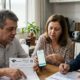 Homem, mulher e jovem analisam documentos da Receita Federal e smartphone sobre uma mesa.