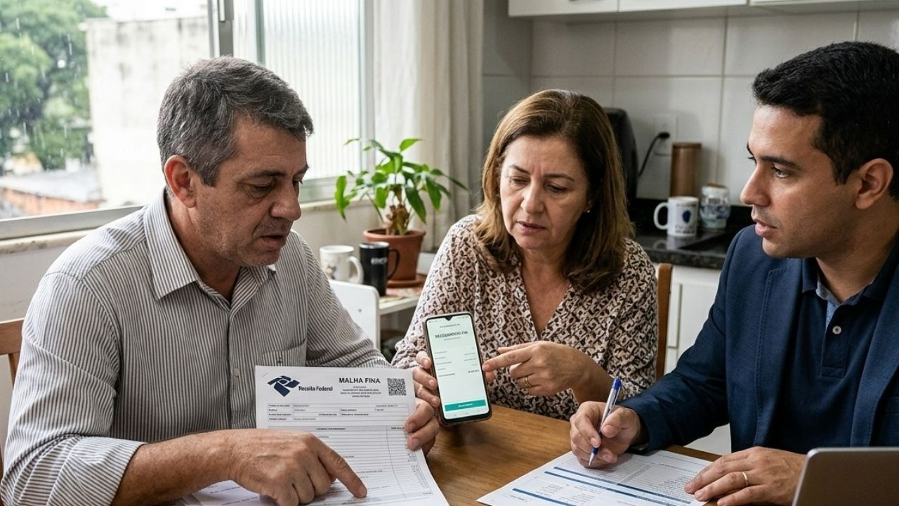 Homem, mulher e jovem analisam documentos da Receita Federal e smartphone sobre uma mesa.