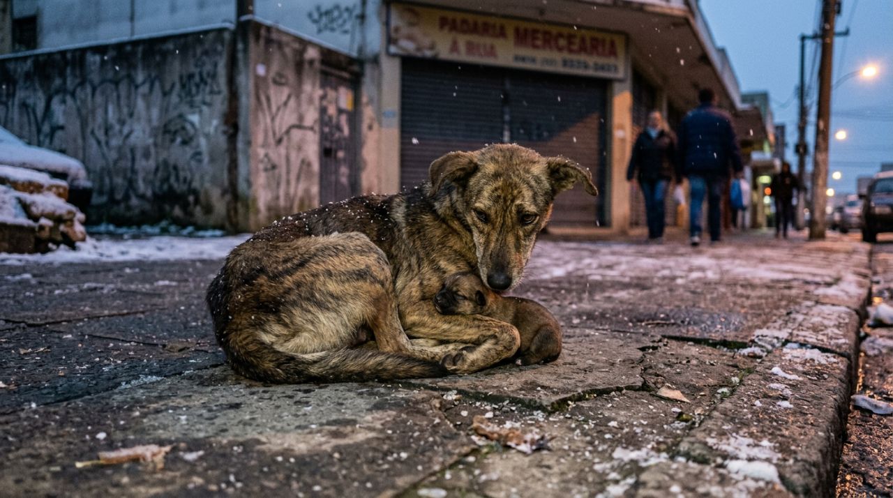 Cachorro de rua protege bebê do frio extremo e emociona resgate animal