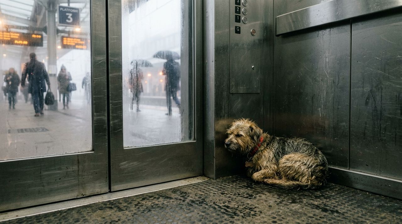 Animal de estimação peludo é descoberto escondido em elevador de estação
