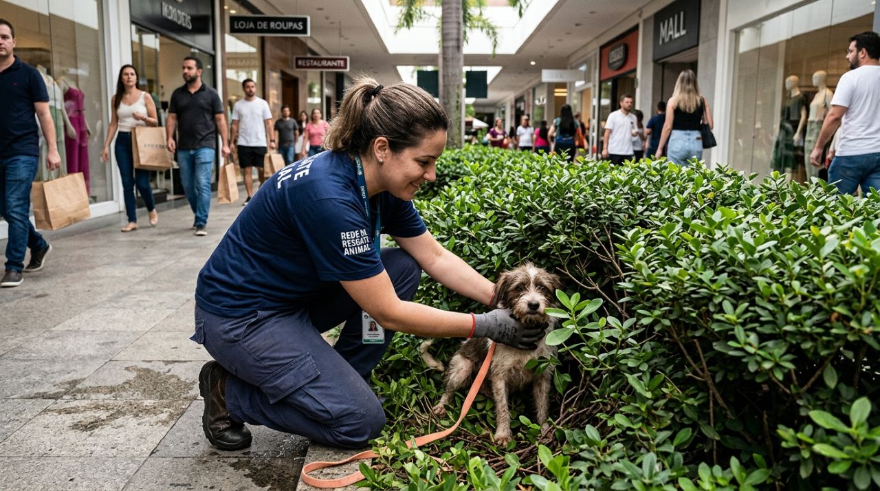 Cão escondido em arbustos de shopping movimentado é salvo por resgatista