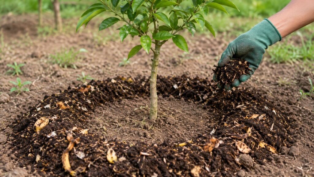 Aplicar o adubo longe do tronco protege as raízes e melhora a nutrição da laranjeira