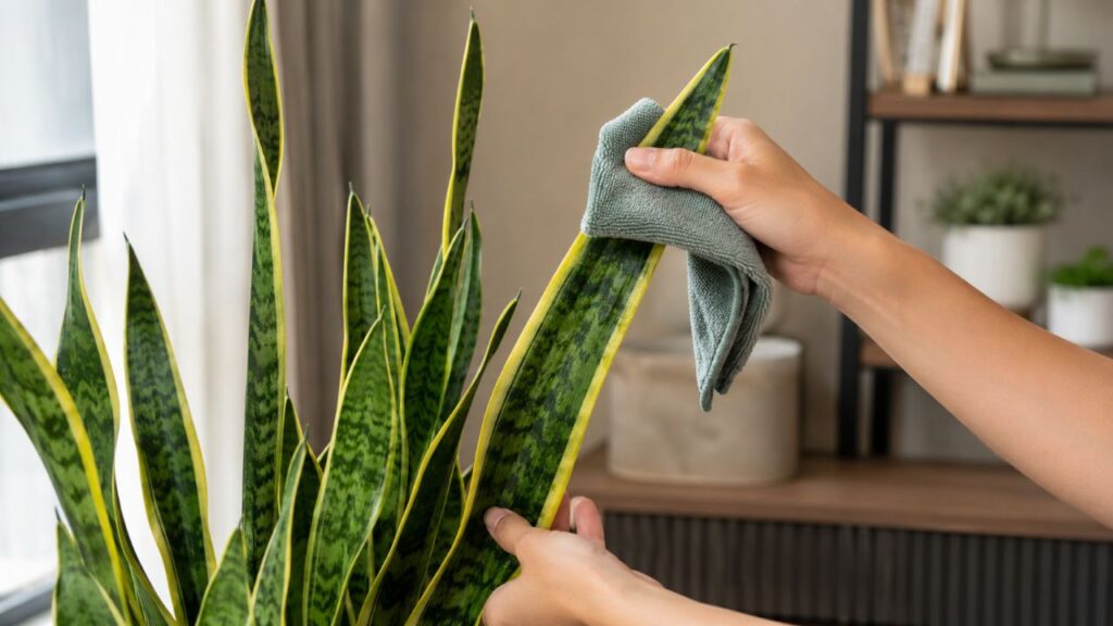 Passar um pano macio no sentido correto ajuda a remover poeira sem danificar as folhas verticais da planta