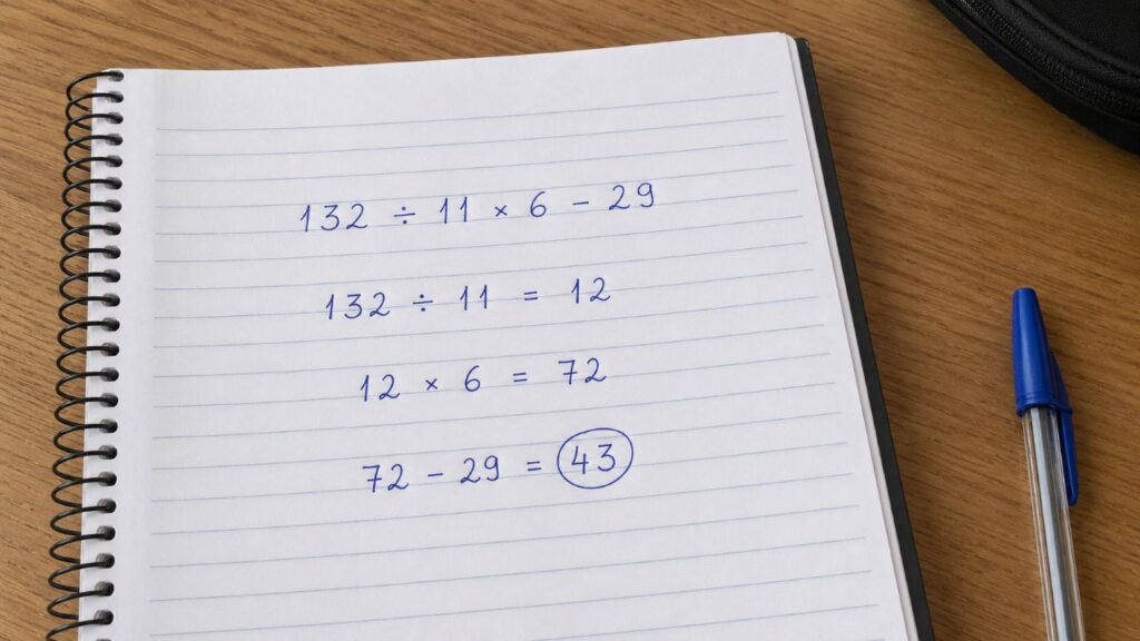 Caderno aberto sobre mesa de madeira com a expressão “132 ÷ 11 × 6 − 29” resolvida à mão em etapas: “132 ÷ 11 = 12”, “12 × 6 = 72” e “72 − 29 = 43”, com o número 43 circulado.