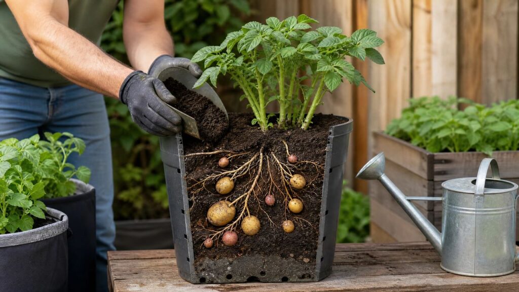 O preenchimento gradual protege os tubérculos e amplia o espaço de cultivo