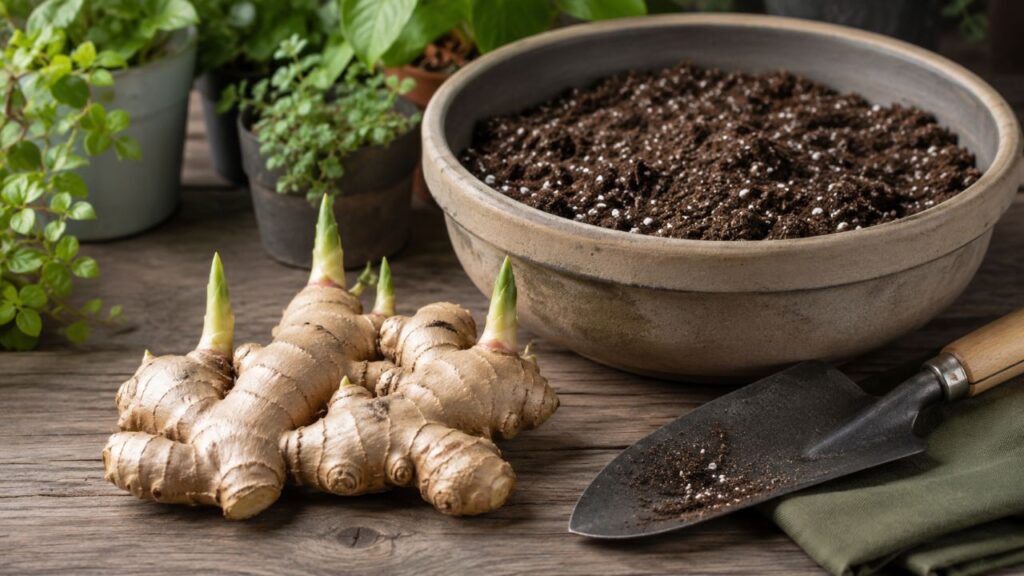 Escolher um gengibre com brotos e preparar um vaso largo aumenta as chances de cultivo bem-sucedido