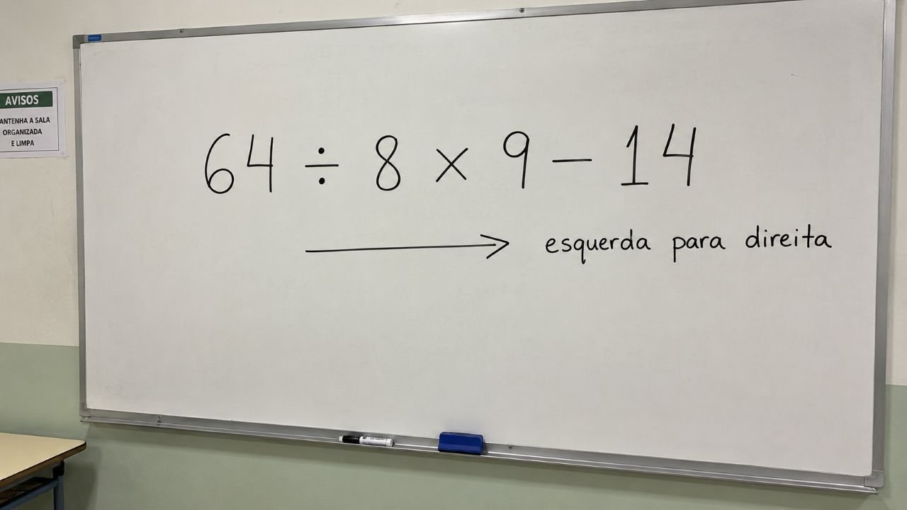 Quadro branco realista em uma sala de aula simples com a expressão “64 ÷ 8 × 9 − 14” escrita em destaque e, abaixo, uma seta apontando para a direita com a anotação “esquerda para direita”, sem mostrar o resultado.