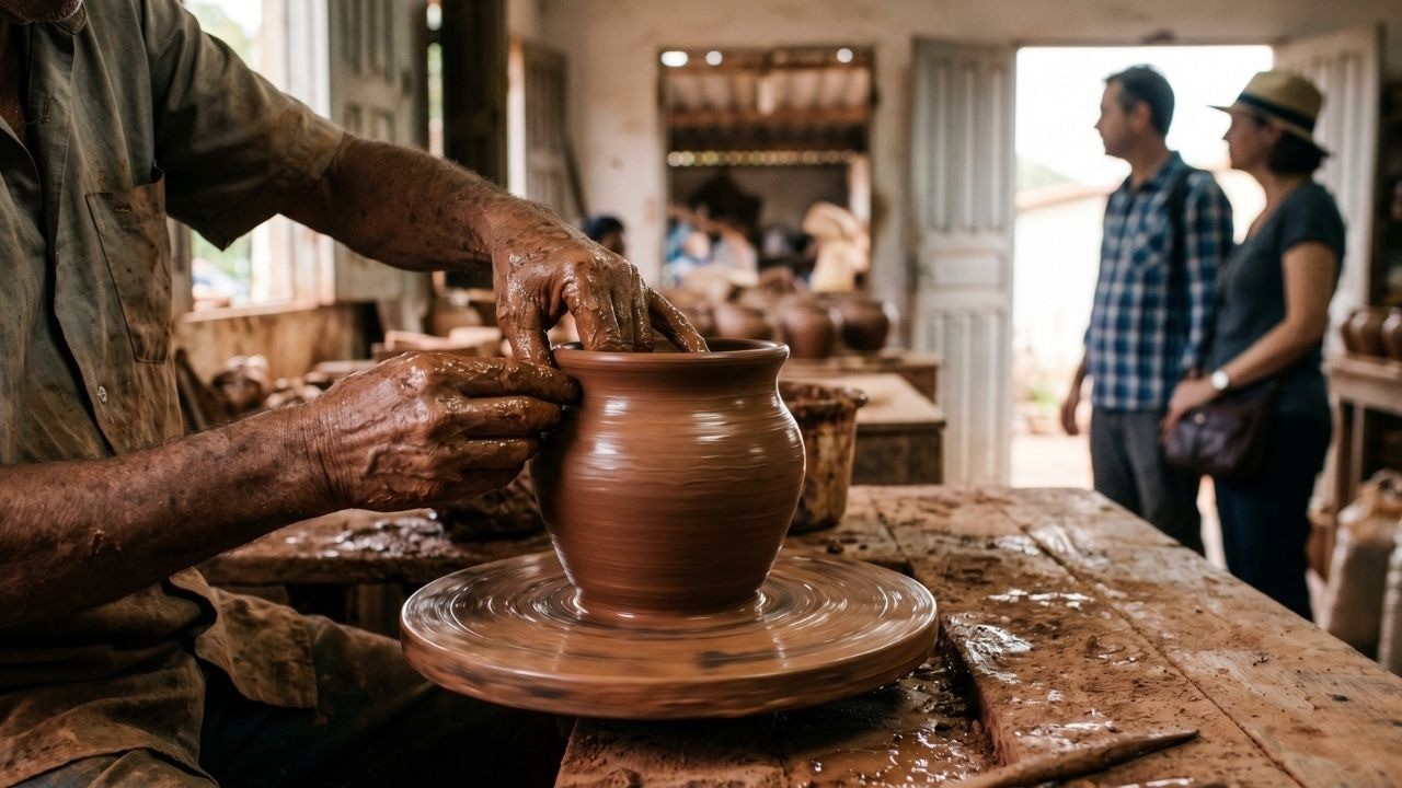 Mãos de artesão moldando um vaso de barro em roda de oleiro, com observadores ao fundo.