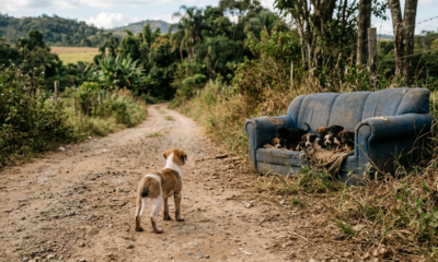 Filhote de Cachorro Para Carro e Guia Socorrista Até Seus Irmãos em Sofá Abandonado
