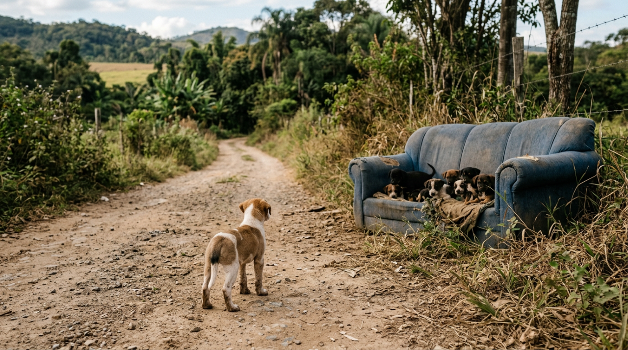 Filhote de Cachorro Para Carro e Guia Socorrista Até Seus Irmãos em Sofá Abandonado