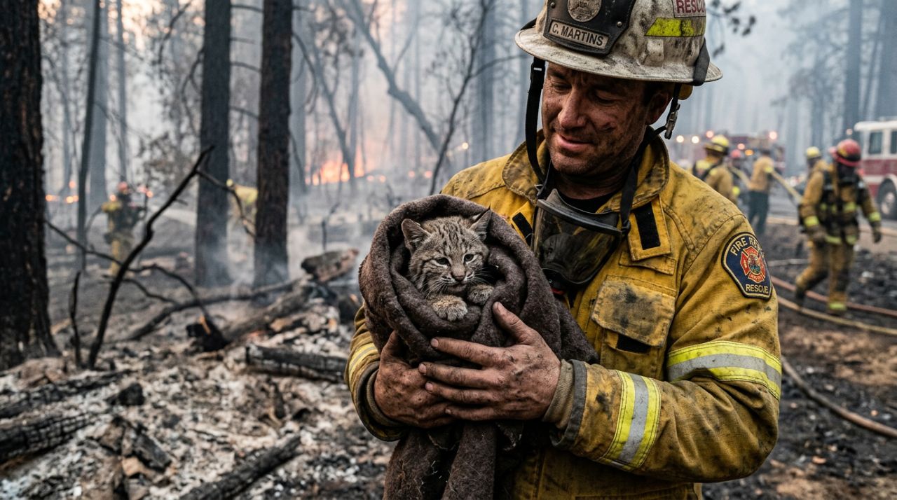 Bombeiros salvam gatinha das cinzas de incêndio florestal e revelam sua verdadeira identidade