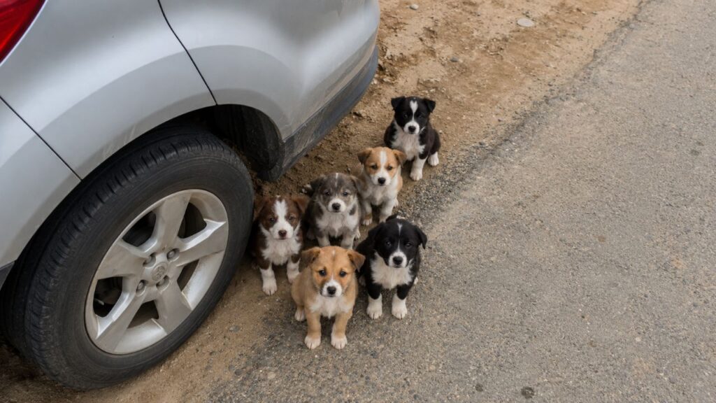 Pequena família de cães abandonada em pomar corre até carro para pedir ajuda