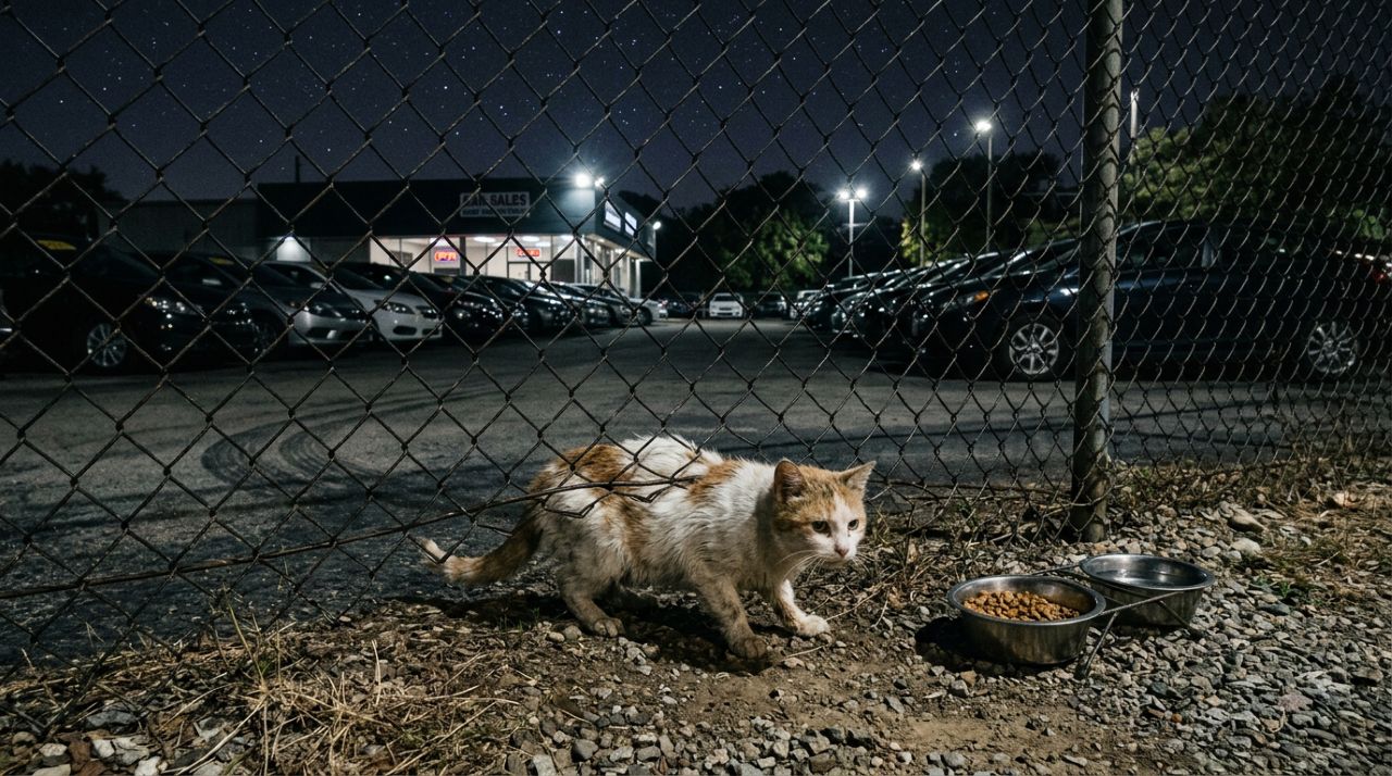Gata rasteja por baixo da cerca de concessionária em busca de uma nova casa