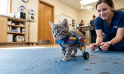 Gatinho minúsculo recebe roupa de LEGO para aprender a andar
