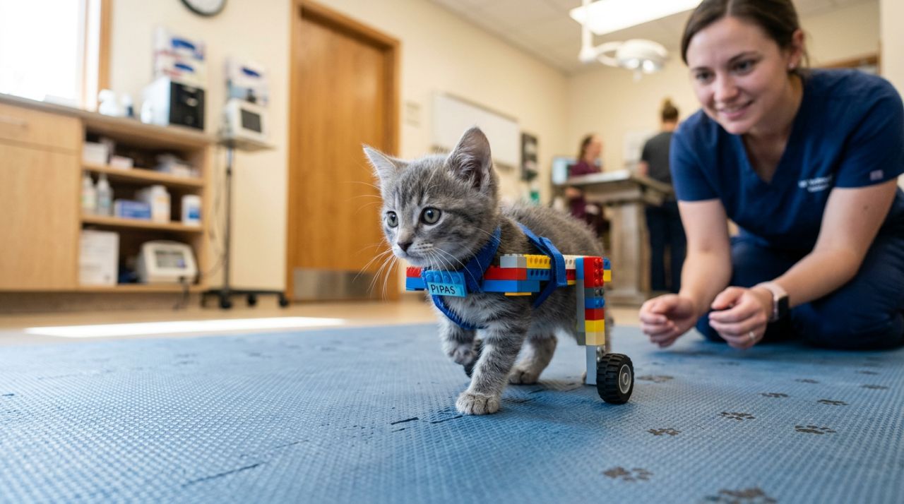 Gatinho minúsculo recebe roupa de LEGO para aprender a andar