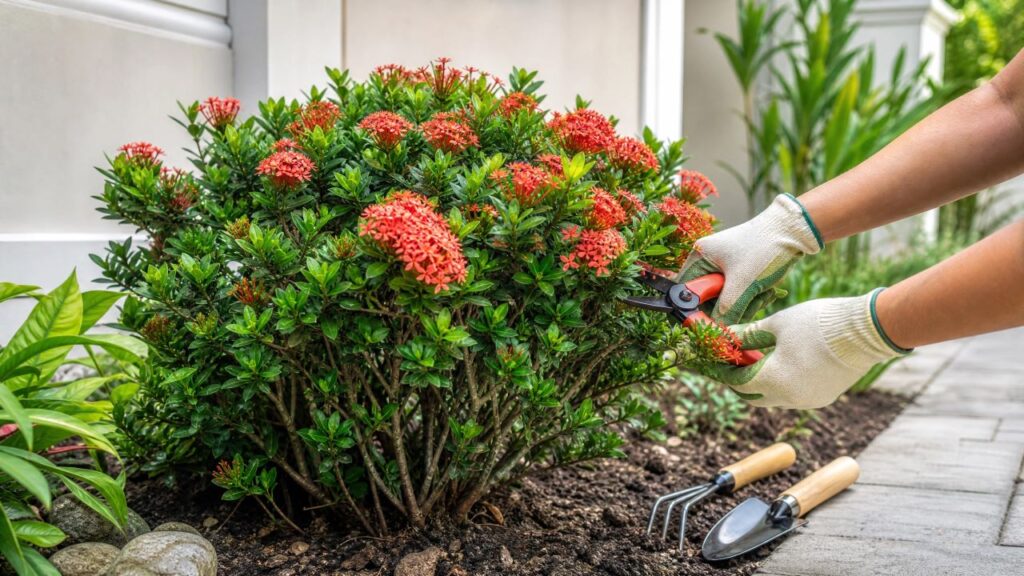 A ixora forma cachos duradouros e uma copa compacta no jardim
