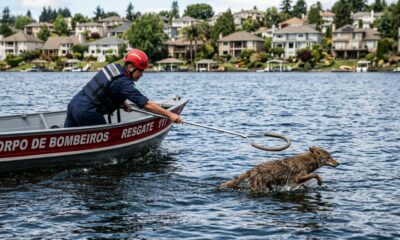 Bombeiros pulam em lago para salvar cachorro e encontram animal surpreendente