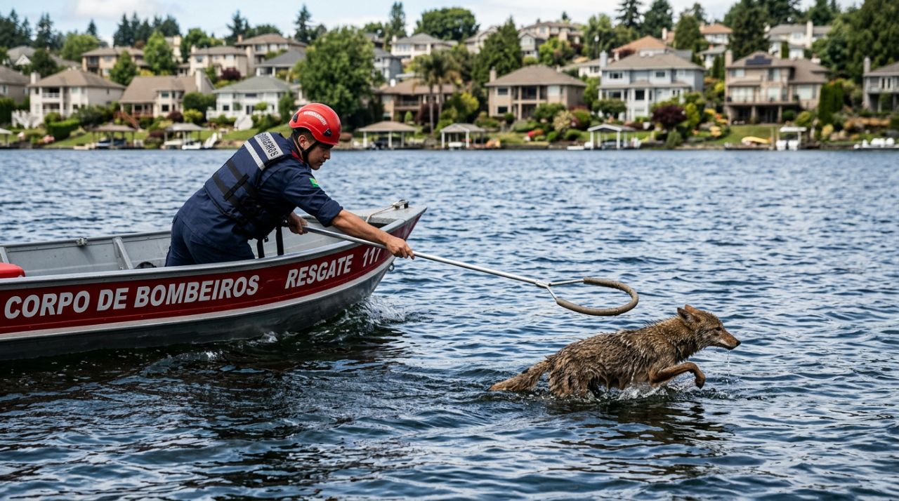 Bombeiros pulam em lago para salvar cachorro e encontram animal surpreendente