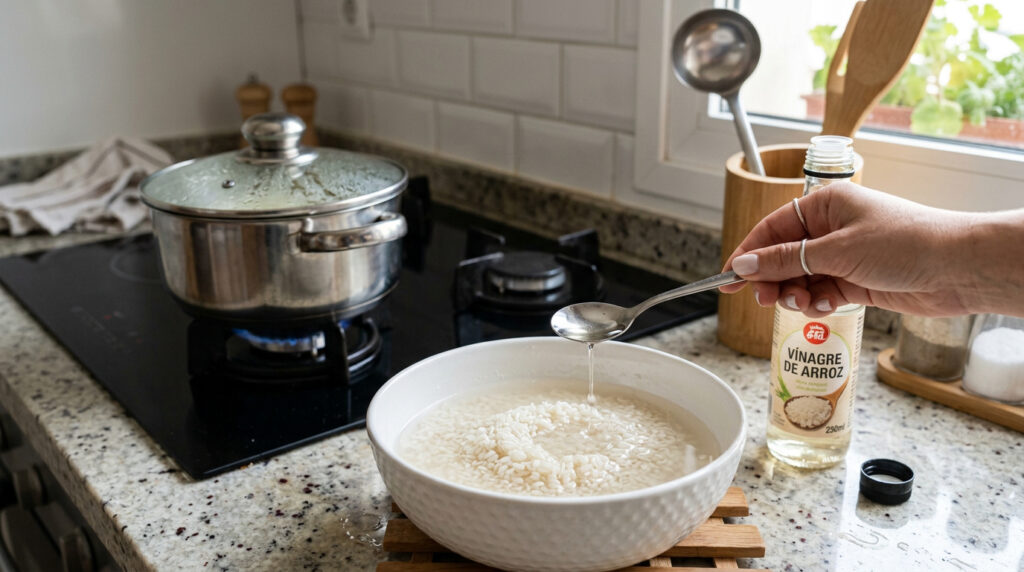 Por que é recomendado cozinhar arroz com um pouco de vinagre