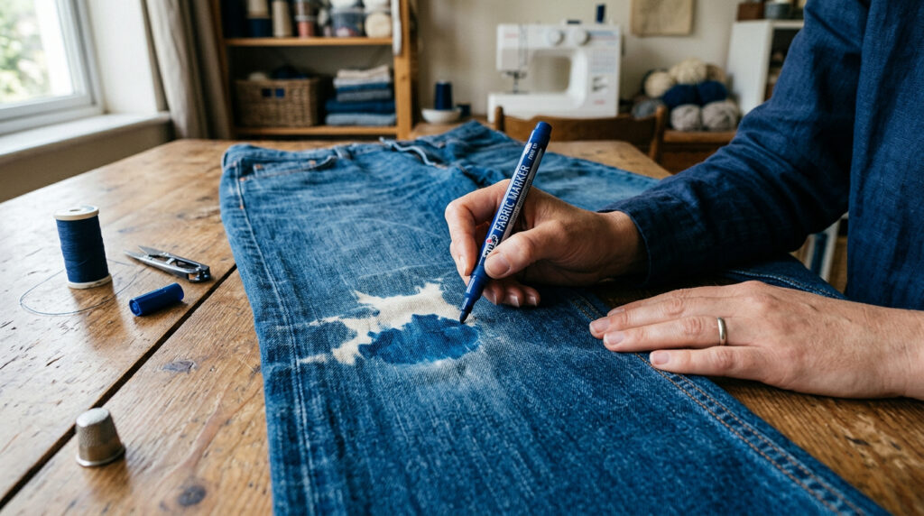 Jeans manchado sendo transformado em peça customizada com efeito desbotado irregular, frasco de água sanitária diluída e pincel ao lado, cena realista mostrando como transformar o erro em visual intencional.