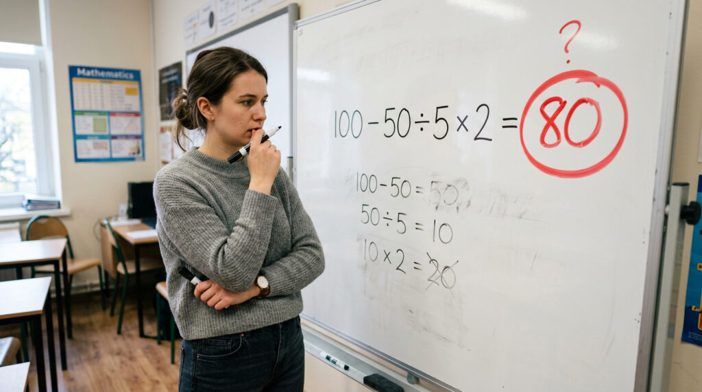 A equação 100 – 50 ÷ 5 × 2 tem uma resposta certa, e a maioria das pessoas erra logo no primeiro passo