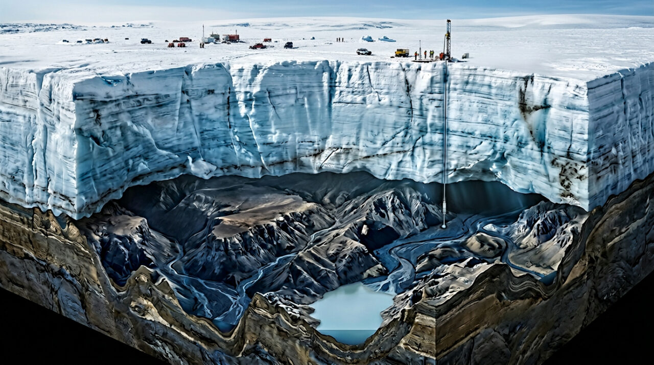 Avião científico sobrevoando a Antártida com radar de penetração de gelo, tela de monitor exibindo o relevo subglacial com vales e rios antigos sob a superfície branca, cena realista mostrando descoberta científica e mapeamento do continente escondido.