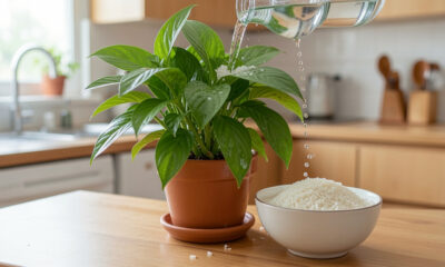 Água de arroz nas plantas: o segredo japonês que deixa as folhas verdes e brilhantes em poucos dias 