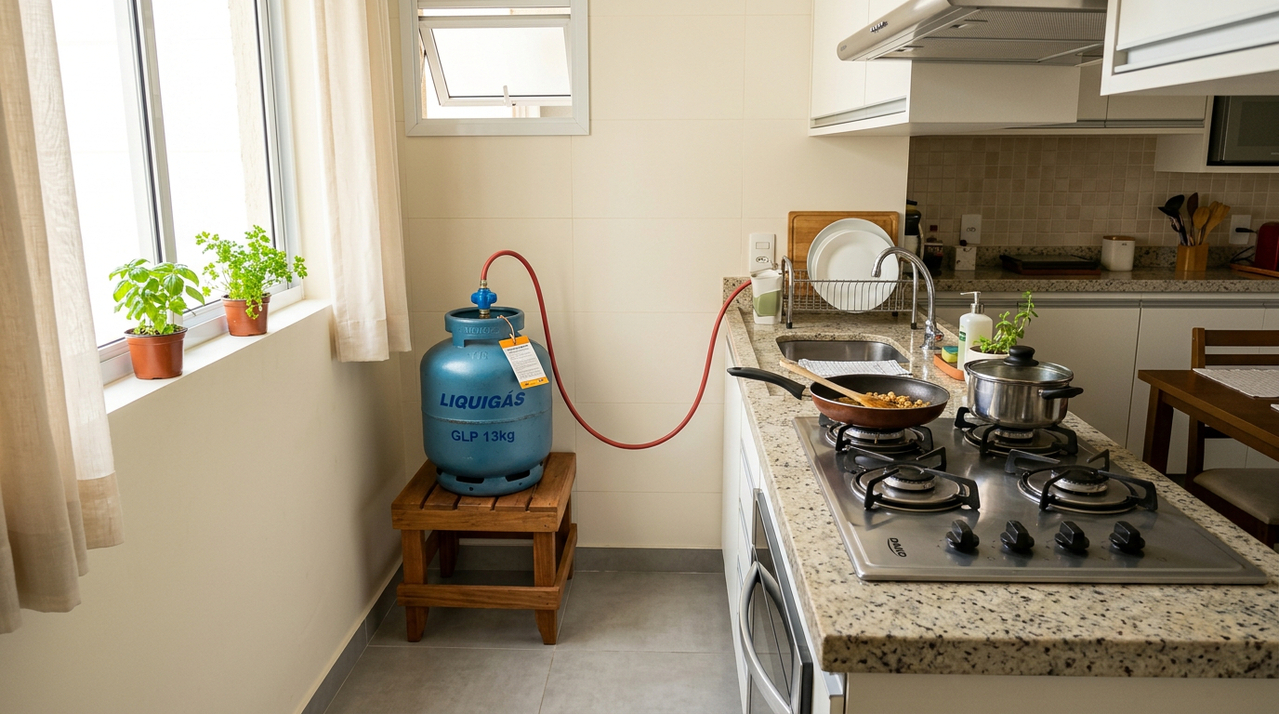 Cozinha organizada começa também pelo lugar certo para manter o botijão bem apoiado