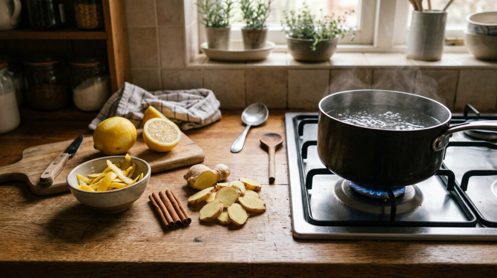 Ferver casca de limão, canela e gengibre: o aromatizador natural que muda o cheiro da casa em minutos
