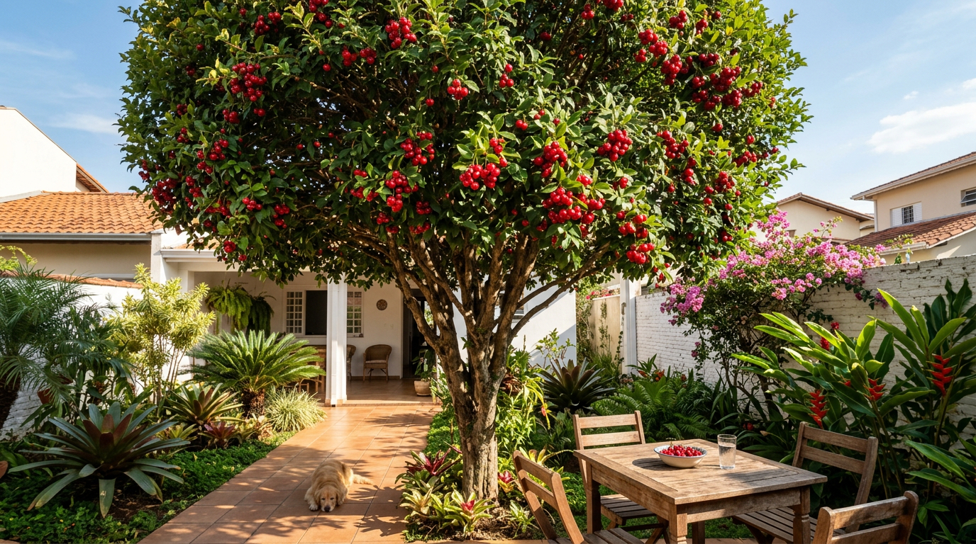 Essa árvore frutífera é ideal para o quintal, dá sombra leve, frutos vermelhos e não exige cuidados complicados
