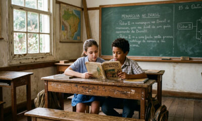 Como era estudar em um tempo mais simples dividindo livro com colega na sala de aula