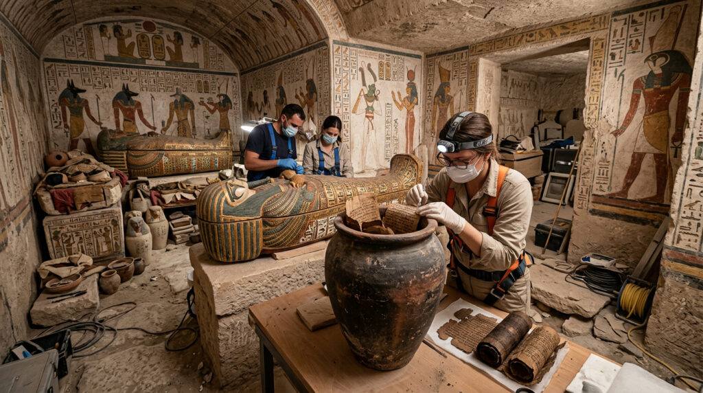 Arqueólogos descobrem 22 sarcófagos e papiros raros em necrópole próxima a Luxor